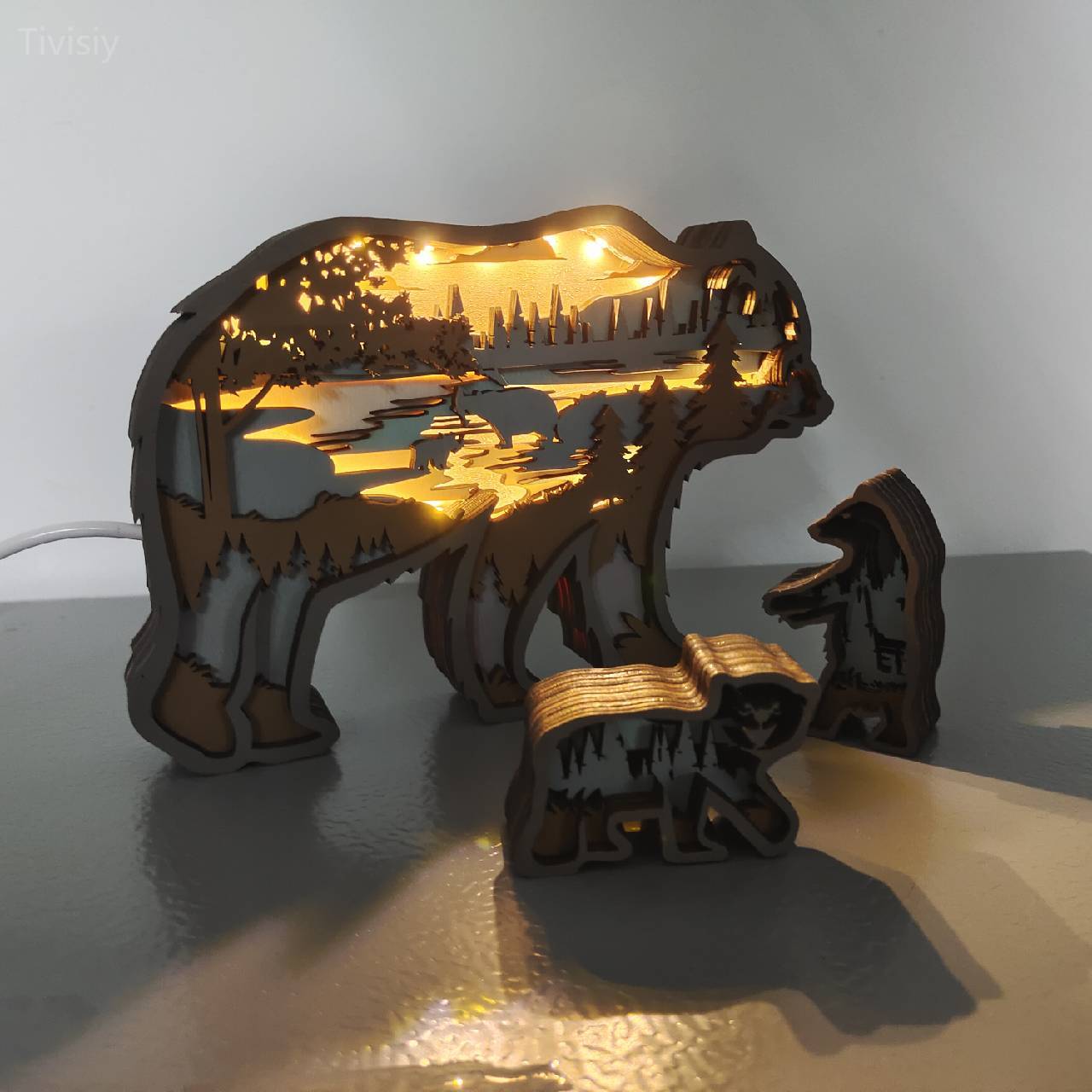 HOT SALE🔥-Grizzly bears Wooden Carving Light, Suitable For Bedroom, Bedside, Desk, Exquisite Night