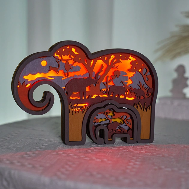 Elephant & Baby LED Wooden Night Light With Voice Control and Remote Control
