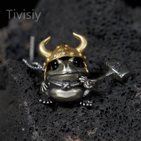 Medieval Retro Silver Frog Pendant with Horned Helmet and Hammer