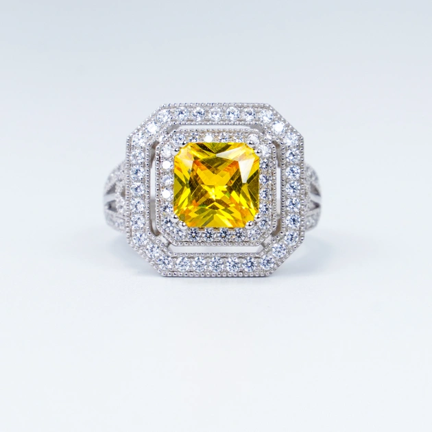 4 Carat Yellow Cubic Zirconia Double Halo Ring, Engagement, Birthday Gifts, Anniversary