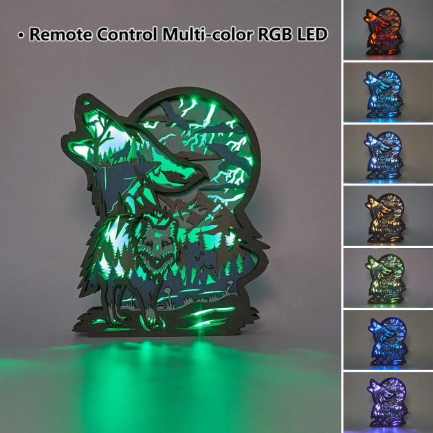 Wolf Head LED Wooden Night Light With Voice Control and Remote Control