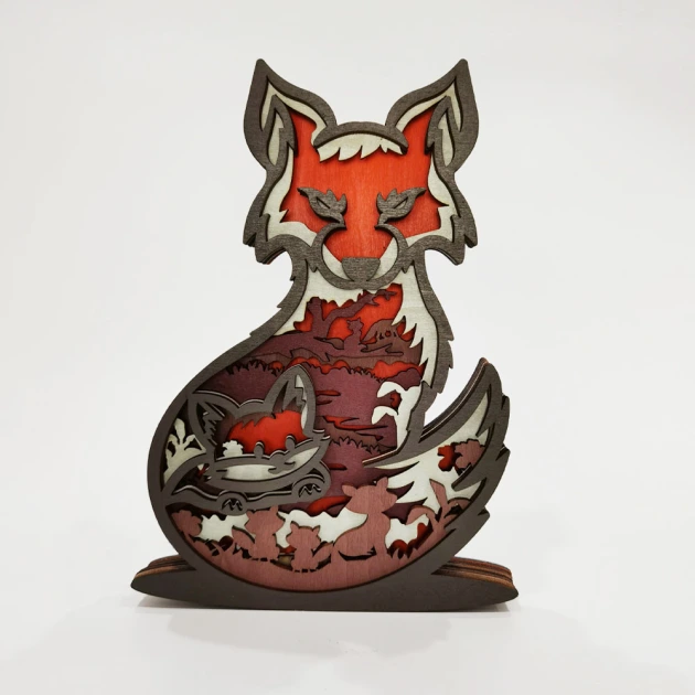 Female Fox 3D Wooden Carving, Suitable for Home Decoration, Holiday Gift, Art Night Light
