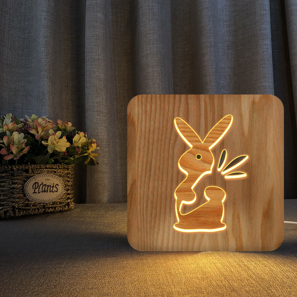 Rabbit Eating Radish Wood Frame Night Light