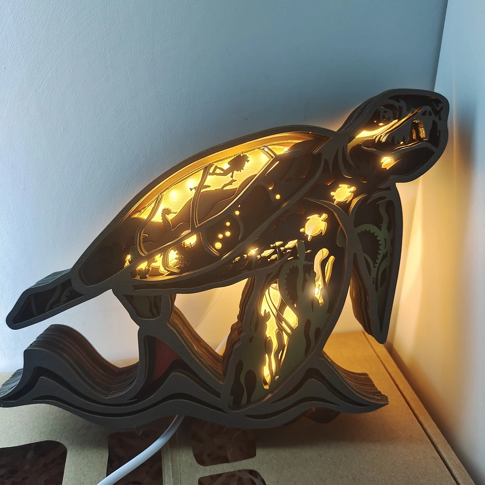 Sea Turtle Wood Animal Statue Lamp with Voice Control and Remote Control
