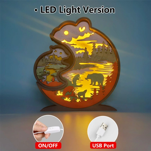 Bear & Baby LED Wooden Night Light With Voice Control and Remote Control