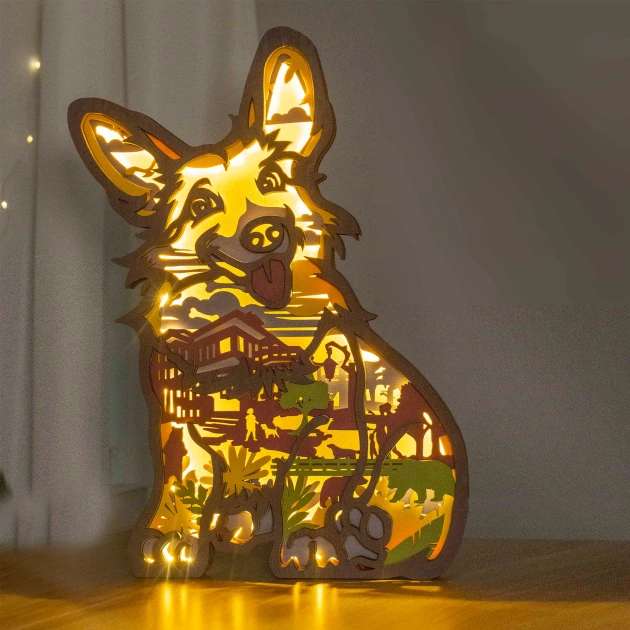 Corgi Wood Animal Statue Lamp with Voice Control and Remote Control