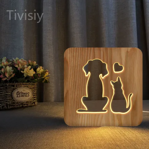 Cats and Dogs Wood Frame Night Light