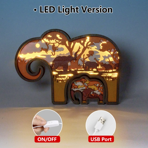 Elephant & Baby LED Wooden Night Light With Voice Control and Remote Control