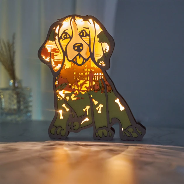 Beagles Wooden Animal Statues, for Home Desktop Decor Room Wall Decor, LED Night Light