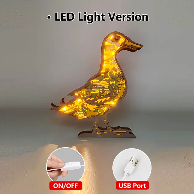 Cute Duck Wooden Animal Statues, for Home Desktop & Room Wall Decor, LED Night Light, Gift for Kids
