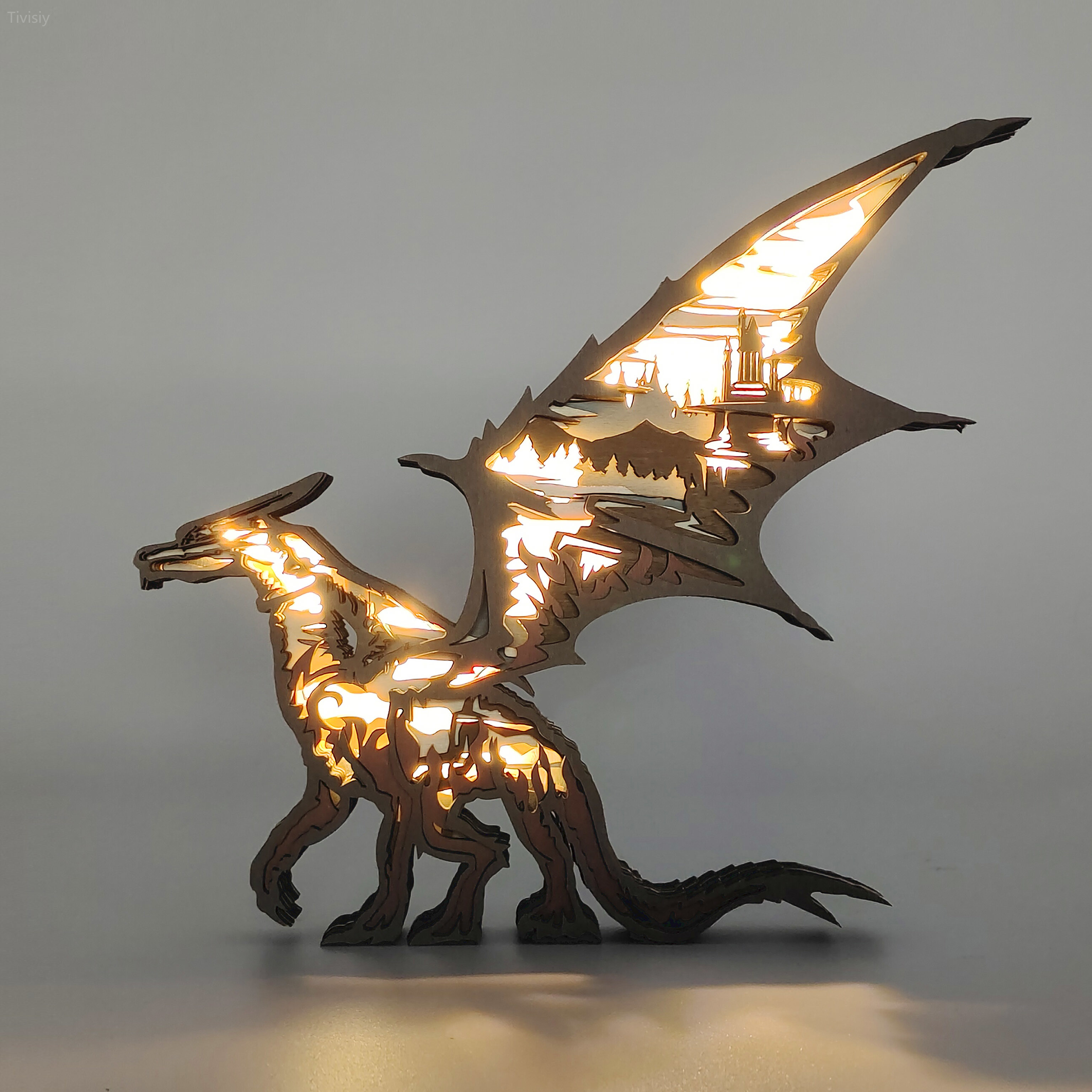Dragon Wooden Animal Figurine Lamp For Room Wall, Kids Bedroom Decor, Perfect Dragon Gift