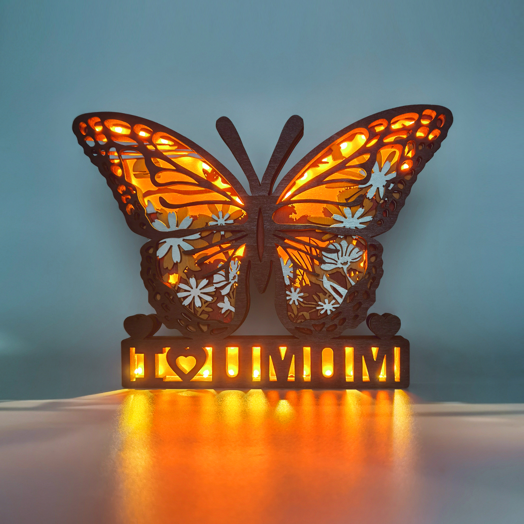 Customized Text Monarch Butterfly 3D Wooden Carving Light Suitable for Mother's Day Anniversary Gift