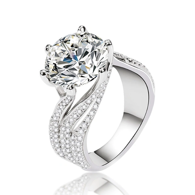 5 Carat Extra Large Super Sparkle Lab Grown Diamond Ring, Platinum Plated Sterling Silver
