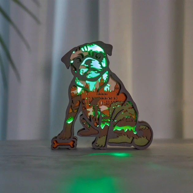Pug Dog   Wooden Animal Statues Night Light, For Home Desktop & Room Wall Decor, Pet Lover