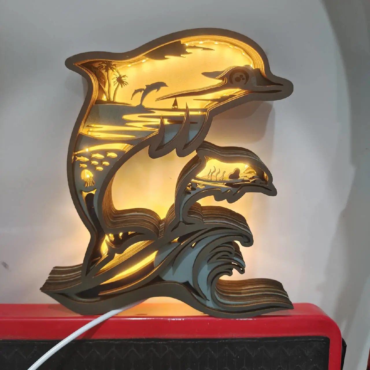Carved Dolphin Wood Lamp with Voice Control and Remote Control