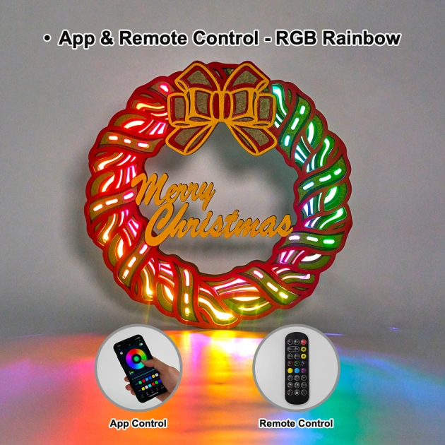 Christmas Wreath Wood Carving Light with APP Control and Remote Control