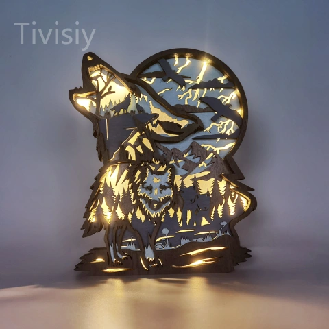 Wolf Head LED Wooden Night Light With Voice Control and Remote Control