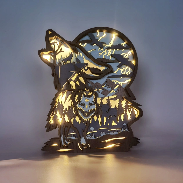 Wolf Head LED Wooden Night Light Gift for Mother's Day Father's Day Home Desktop Decor