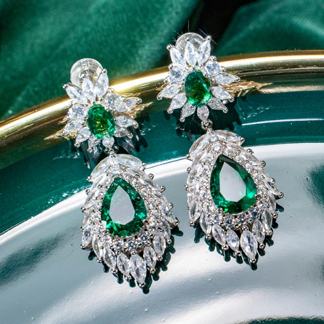 Lab Grown Emerald Platinum Plated Sterling Silver Drop Earrings, Dinner Party, Wedding