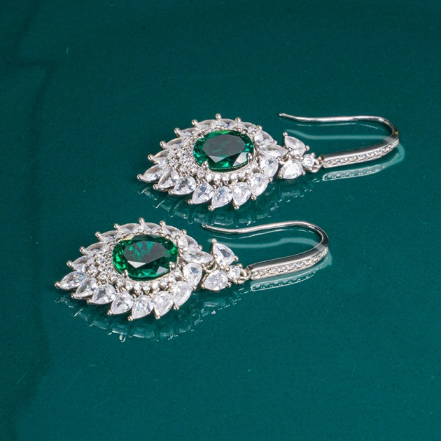 Lab Grown Emerald Platinum Plated Sterling Silver Flame Drop Earrings, Dinner Party, Wedding