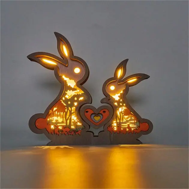 Rabbit Dad&Son Love LED Wooden Night Light Gift for Father's Day Home Desktop Decor