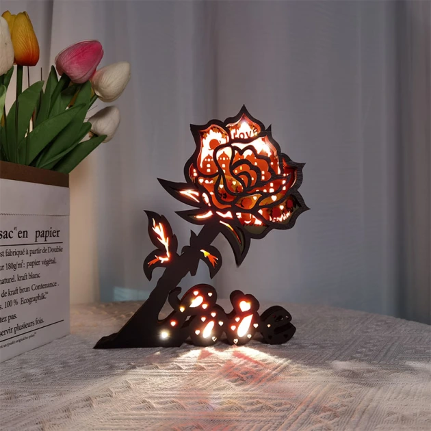 Rose Wood Romantic Statue Lamp with Voice Control and Remote Control