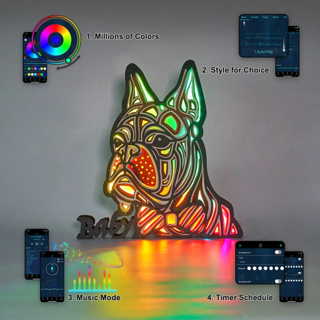 Baby Bulldog Wooden Night Light with APP Control and Remote Control