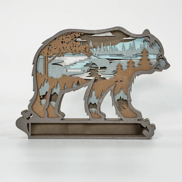Customized Text Grizzly Bears 3D Wooden Carving Light Suitable for Mother's Day Anniversary Gift