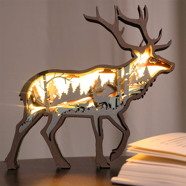 17.7 Inch Deer Wood Animal Statue Lamp with Voice Control and Remote Control