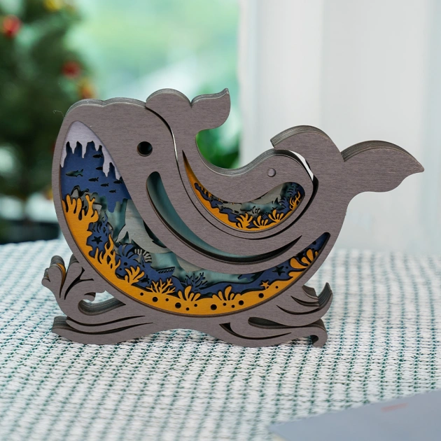Blue Whale Wooden Night Light With Voice Control and Remote Control