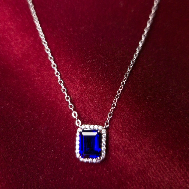 1.5CT Synthetic Sapphire Emerald Cut Pendant Necklace
