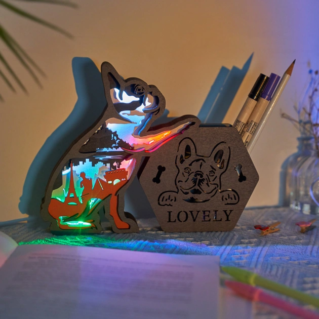 Bulldog Wooden Night Light and Pen Holder with App Control and Remote Control
