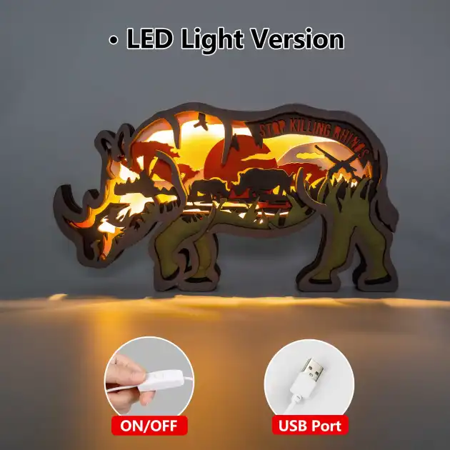 Rhino LED Wooden Night Light Gift for Festival Kids Home Desktop Decor