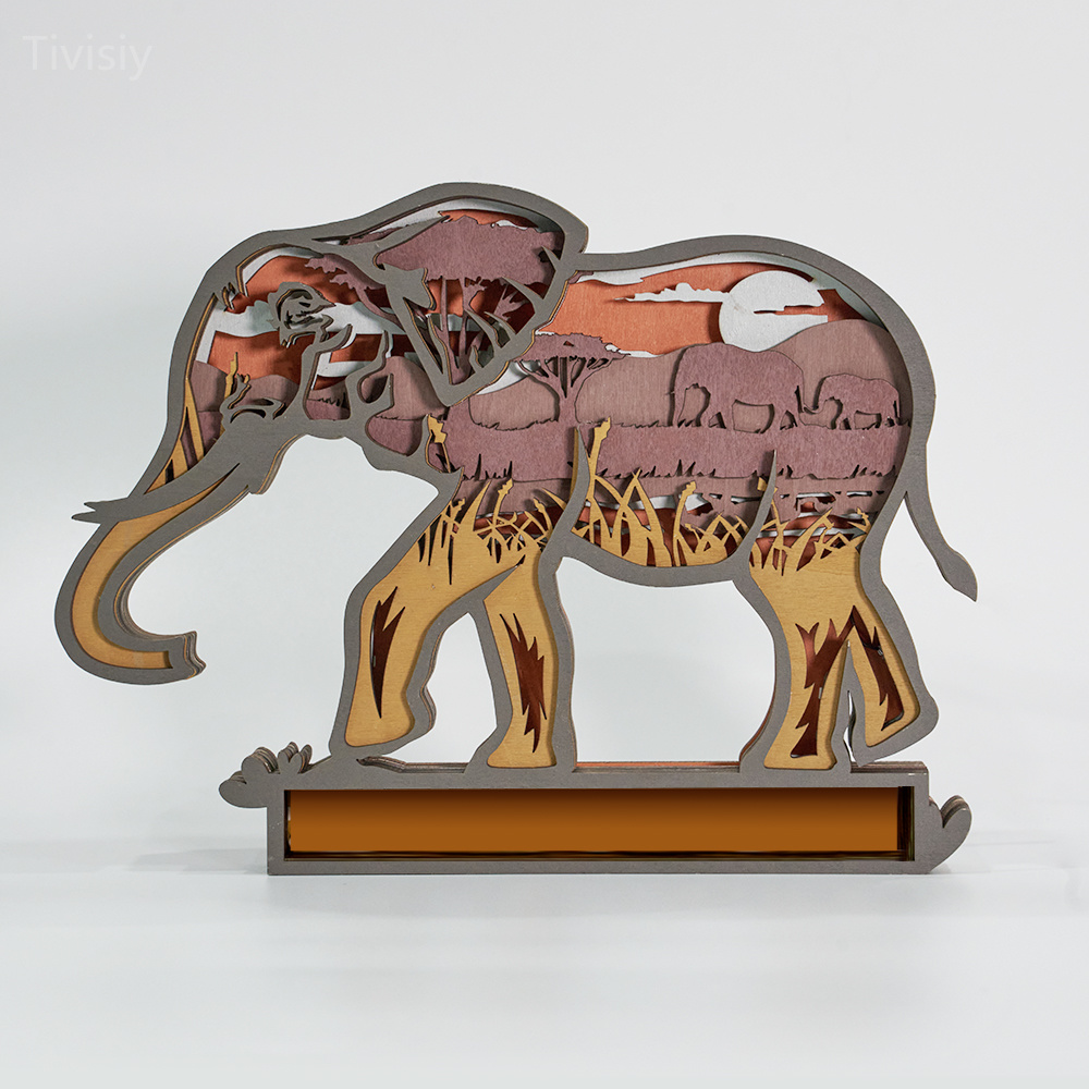 Customized Text Elephant 3D Wooden Carving Light, Suitable for Mother&Father's Day Anniversary Gift