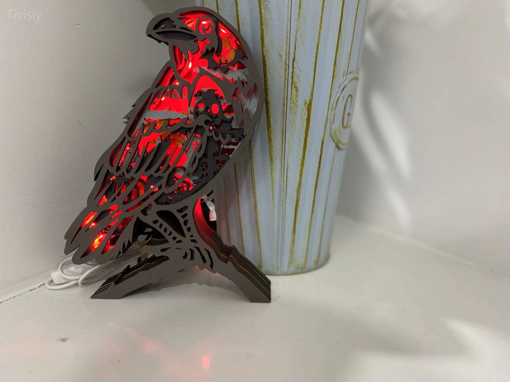 Crow Wooden Carving Gift,Crow Lamp Light for Home Decor
