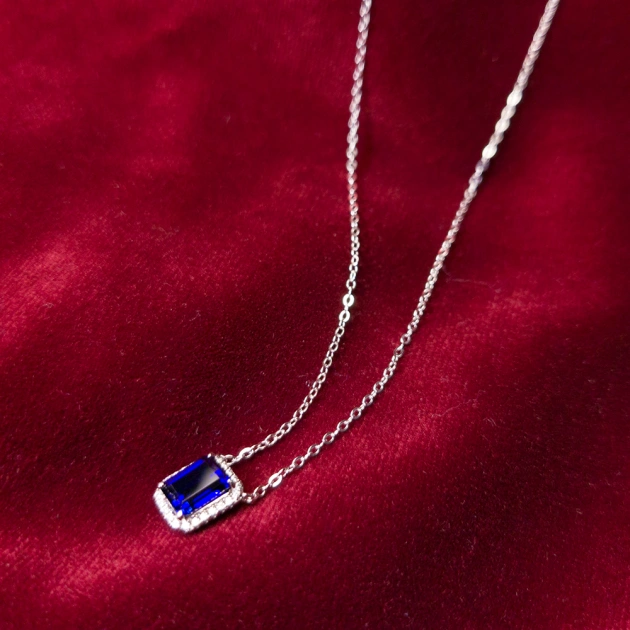 1.5CT Synthetic Sapphire Emerald Cut Pendant Necklace