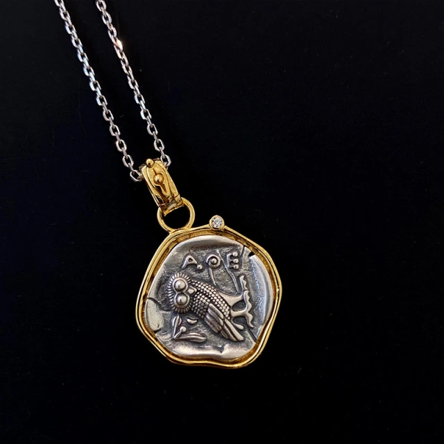 Athena, Goddess of Wisdom and Owl Coin Pendant Necklace
