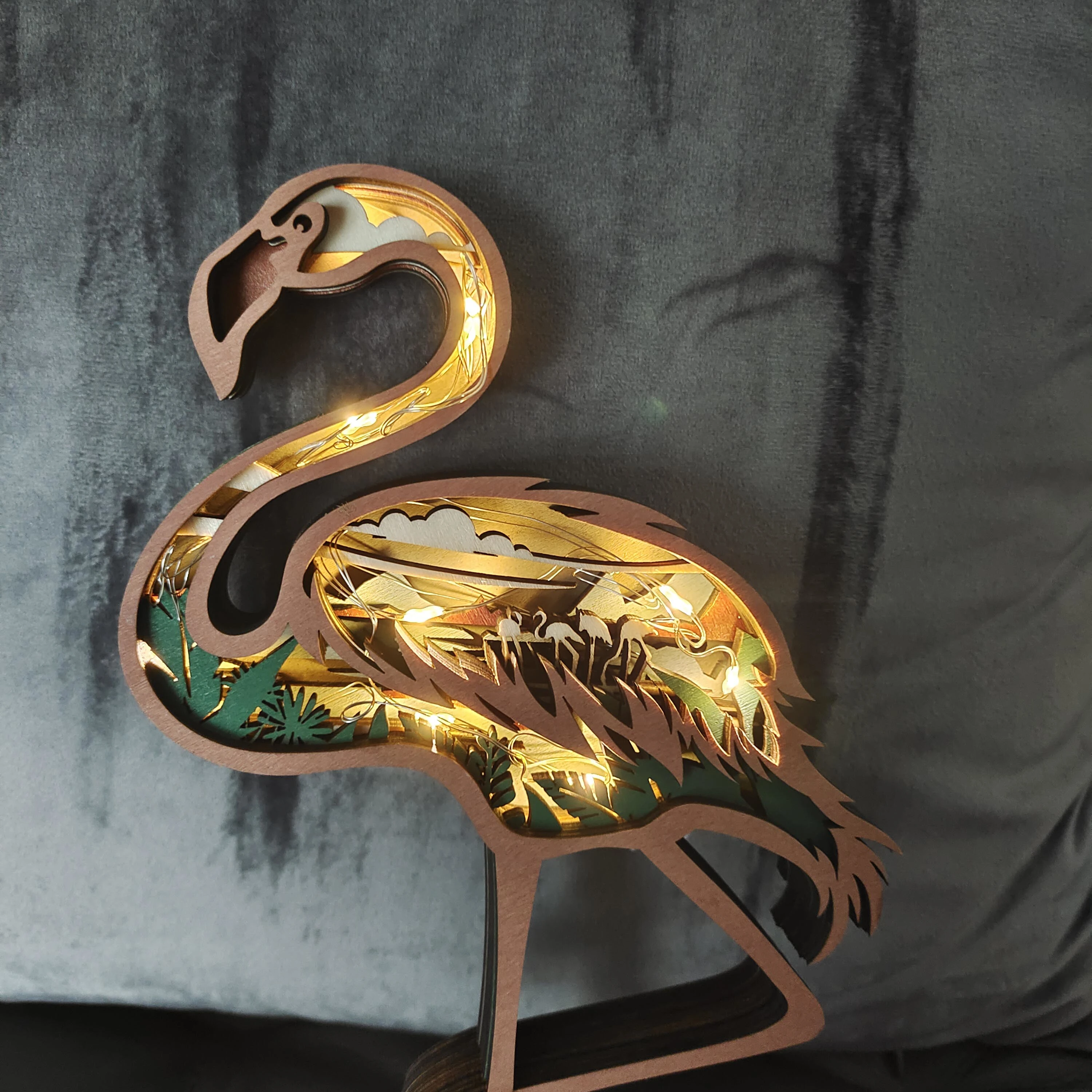 Flamingo Wooden Carving Light, Suitable For Bedroom, Desk, Symbol Of Love, Exquisite Night Light