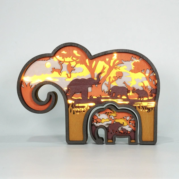 Elephant & Baby LED Wooden Night Light Gift for Mother's Day Home Desktop Decor
