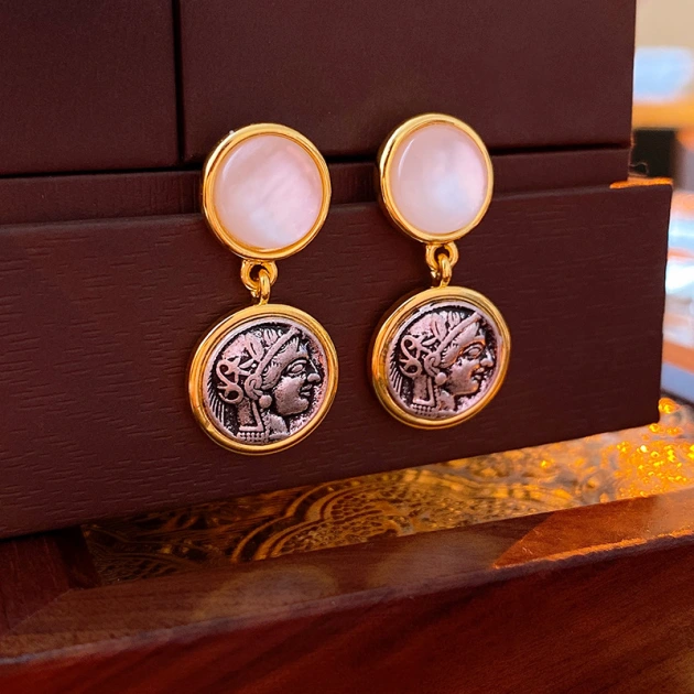 Athena, Goddess of Wisdom and Owl Coin Pearl Earrings