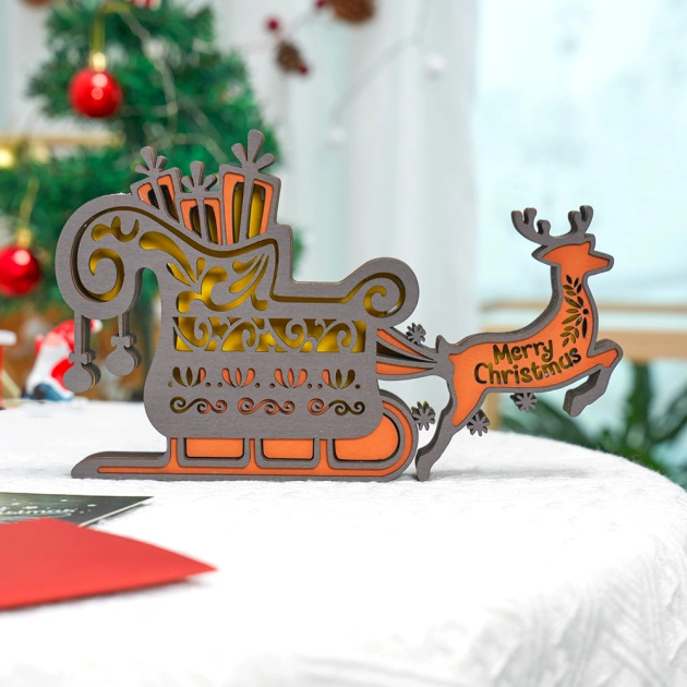Elk Pulling Gifts 3D Wooden Carving Light, Music Box, Holiday Gift, APP and Remote Control