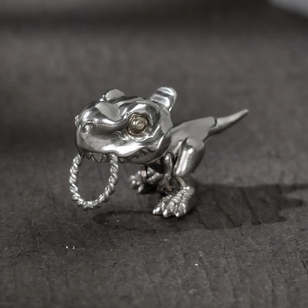 S925 Silver Artistic T-Rex Dino Retro Pendant with Moveable Limbs and Biteable Mouth