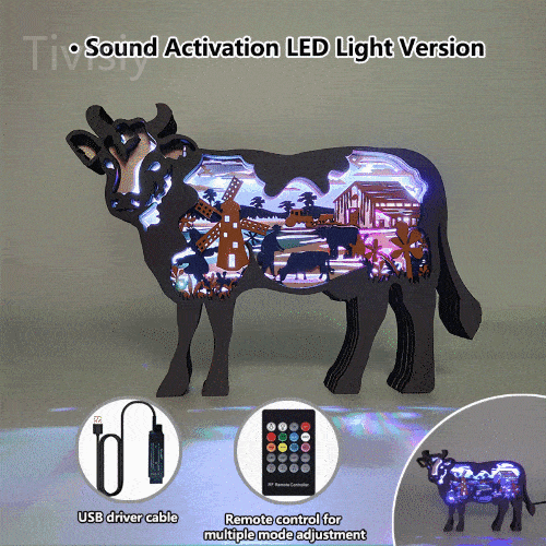 Milk Cow Wooden Animal Statues, for Home Desktop & Room Wall Decor, LED Night Light, Gift for Family