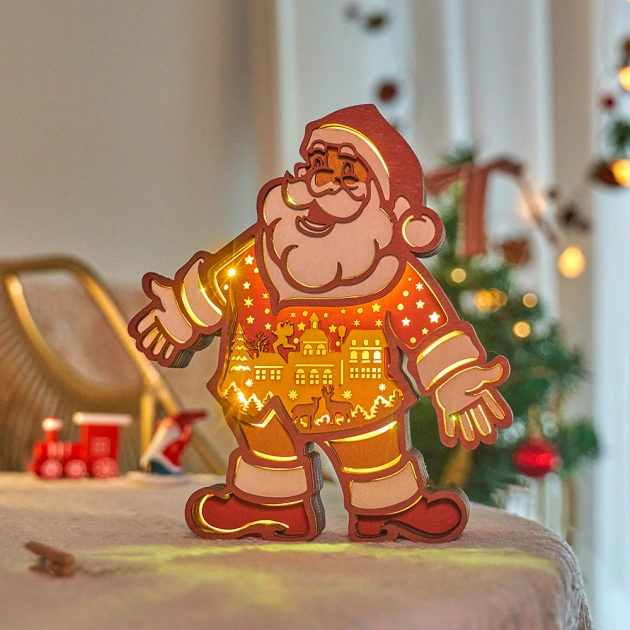 Christmas Santa Claus 3D Wooden Carving Light, Music Box, Holiday Gift, APP and Remote Control