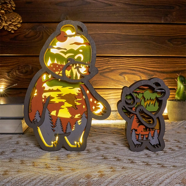 Father&Son Bears Wooden Night Light With Voice Control and Remote Control