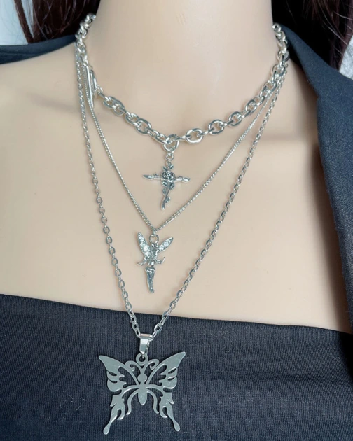 Multi-layer Necklace With Butterfly & Cross