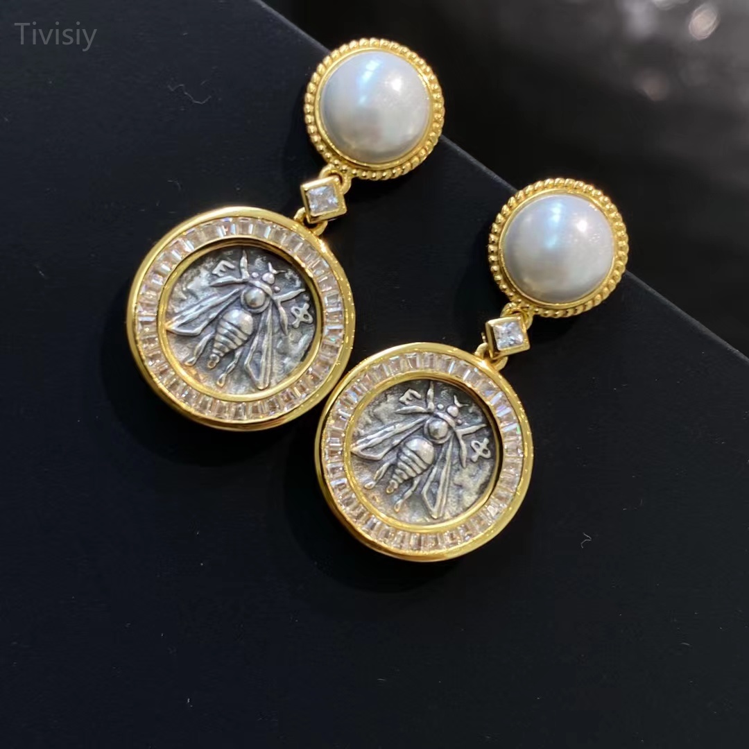 The Bee of Artemis and Stag Coin Pearl Earrings