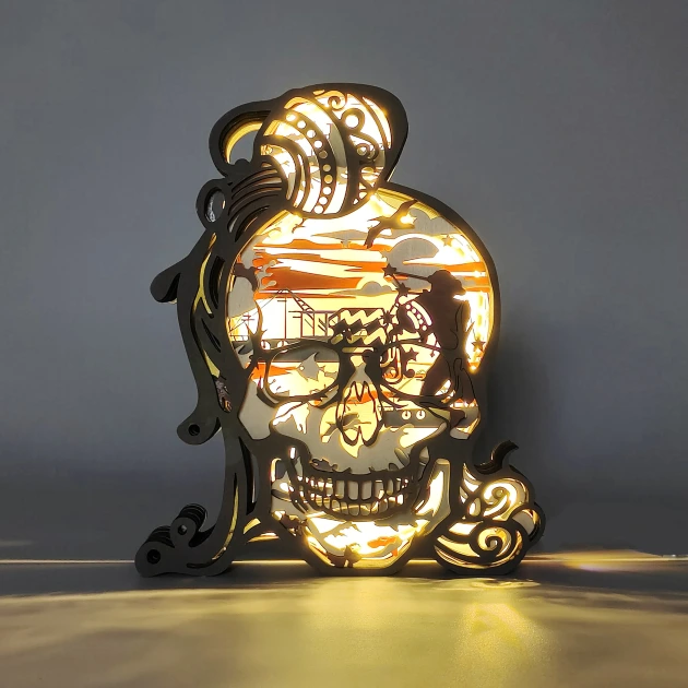 Aquarius Skull 3D Wooden Carving,Suitable for Home Decoration,Holiday Gift,Art Night Light