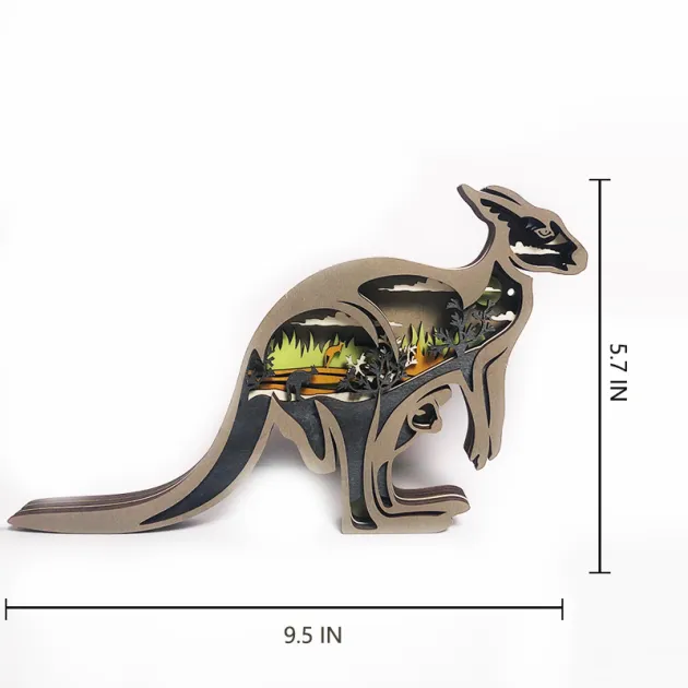 Kangaroo Wood Carving Home Ornament,Multi-Layer Woodland Silhouette Decorate for Shelf Table
