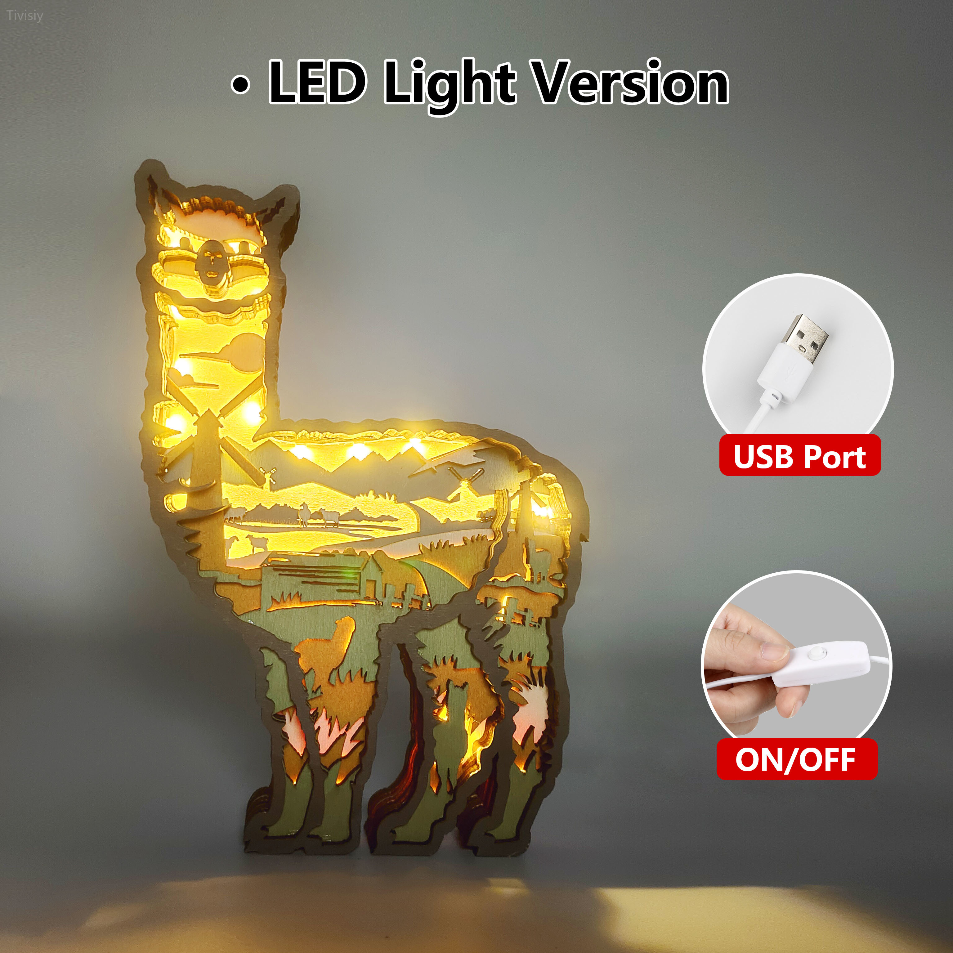Alpaca Wooden Carving Night Light, for Home Desktop & Room Wall Decor, Kid Gift, Housewarming Gift